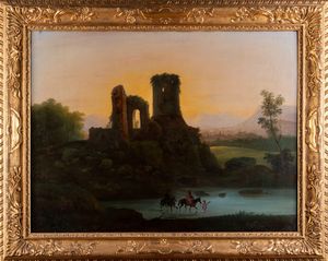 BISON GIUSEPPE BERNARDINO (1762 - 1844) - Paesaggio fluviale con rovine (La fuga in Egitto).