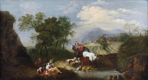 ZUCCARELLI FRANCESCO  (1702 - 1788) - Paesaggio con villani, armenti e fanciulla a cavallo.