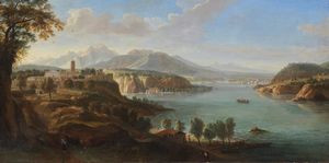 VANVITELLI GASPARE (1653 - 1736) - Veduta ideata dil lago (Il lago Maggiore con la rocca di Angera?).