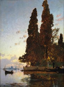 CORRODI HERMANN (1844 - 1905) - Attribuito a. La laguna di Venezia all'alba con l'isola di San Giorgio.