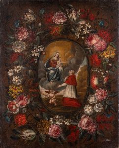 ARTISTA LOMBARDO DEL XVII SECOLO - Madonna e San Carlo in una corona di fiori.