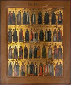 Icona russa del XIX secolo - Schiera di santi e Sacra Famiglia.