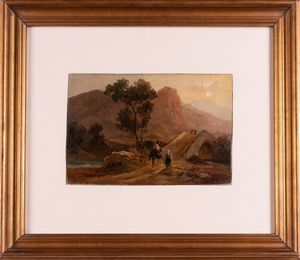 PITLOO ANTONIO SMINCK (1791 - 1837) - Attribuito a. Paesaggio con ponte e viandanti.