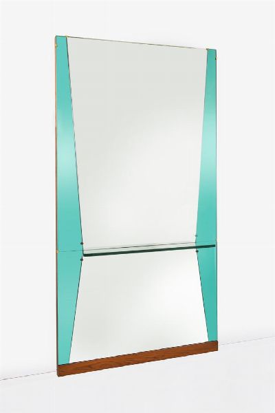 CRISTAL ART : Specchiera con bordi in vetro colorato Mensola in vetro di forte spessore Anni '60 240x124x25  - Asta Design - Associazione Nazionale - Case d'Asta italiane