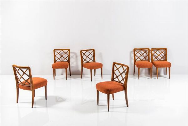PONTI GIO  attribuito : Sei sedie in legno di noce  imbottitura rivestita in tessuto. Anni '50 cm 75x43x42  - Asta Design - Associazione Nazionale - Case d'Asta italiane