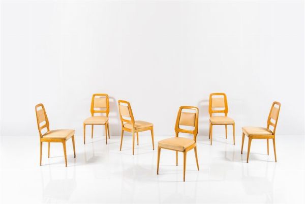 DASSI : Sei sedie in legno d'acero  imbottitura rivestita in pelle. Anni '50 cm 90x43x43  - Asta Design - Associazione Nazionale - Case d'Asta italiane