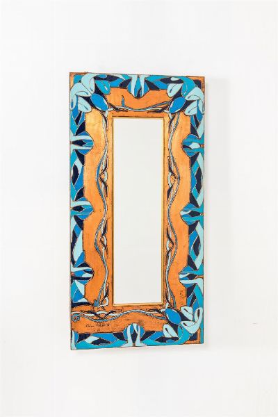 PALMIERI CHICCO : Specchio in rame colorato. Firmato e datato '85 cm 115x55  - Asta Design - Associazione Nazionale - Case d'Asta italiane