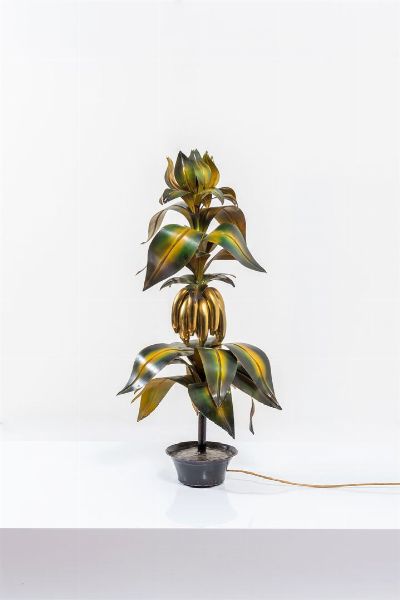 MAISON BAGUES  attribuito : Lampada a forma di pianta in ottone e metallo verniciato. Anni '50 h cm 106  - Asta Design - Associazione Nazionale - Case d'Asta italiane