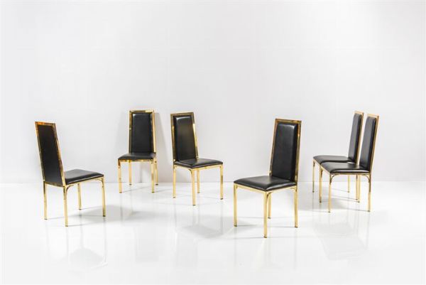 REGA ROMEO : Sei sedie in ottone con schienali e sedili imbottiti rivestiti in pelle. Anni '70 cm 109x50x50  - Asta Design - Associazione Nazionale - Case d'Asta italiane