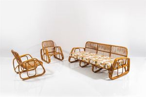 PRODUZIONE ITALIANA - Salotto composto da un divano e due poltrone in bamboo e vimini. Anni '60 divano cm 79x210x87 poltrone cm 82x7 [..]