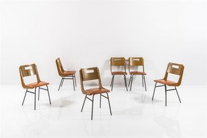 RATTI CARLO - Sei sedie con struttura in legno  sedute imbottite rivestite in skai  sostegni in metallo laccato. Anni '50 cm  [..]