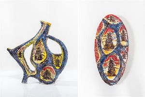 NUTI MARIO 1923 - 1996 - Vaso con piatto in ceramica policroma. Marcati La Cava Anni '50 cm 52x59x28