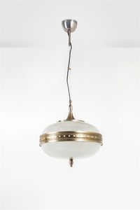 MAZZA SERGIO - Lampada a sospensione in ottone brunito e diffusori in vetro stampato h. cm 100 diam. cm 40