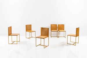 REGA ROMEO - Sei sedie con struttura in metallo ottonato  sedute e schienali in paglia di Vienna. Anni '70 cm 82 5x43x42