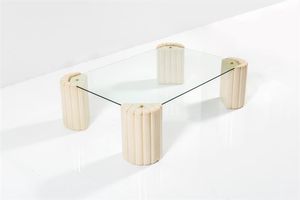 BARBI TOMMASO - Tavolino con sostegni in ceramica smaltata con particolari in ottone  piano in vetro. Anni '70 cm 38x120x80