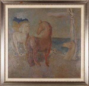 MANFREDI GIUSEPPE (1934 - 1987) - Scena di cavalli in riva al mare.