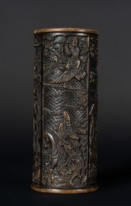 Arte Cinese - 'Porta pennelli a rullo in legno duro intagliato con quattro riserve Cina, XX secolo '