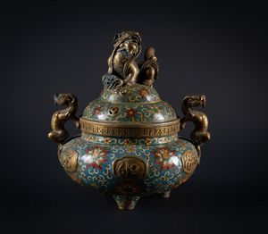 Arte Cinese - 'Tripode in bronzo dorato decorato con smalti cloisonn Cina, inizi XX secolo '