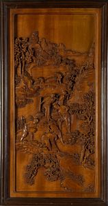 Arte Cinese - 'Placca in legno intagliato con paesaggio Cina, Periodo Repubblica '