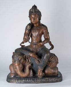 Arte Himalayana - 'Scultura in bronzo parzialmente dipinto raffigurante SamantabhadraCina, XX secolo '