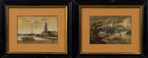 Arte Cinese - 'Coppia di piccoli dipinti olio su tela raffiguranti scorci di paesaggio cineseCina, dinastia Qing, XIX secolo'