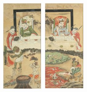 Arte Cinese - 'Coppia di dipinti raffiguranti l'inferno taoista Cina, dinastia Qing, XIX secoloInchiostro e colori su carta '