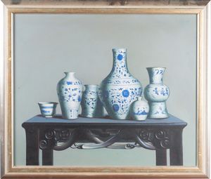Arte Cinese - 'Dipinto raffigurante porcellane cinesi Cina, XX secolo Olio su tela '