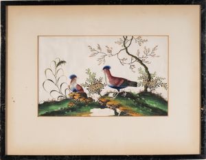 Arte Cinese - 'Cinque dipinti su carta raffiguranti uccelli, fiori ed arbusti Cina, XIX secolo'