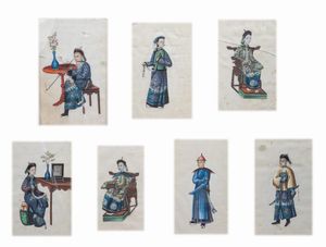 Arte Cinese - 'Serie di sette dipinti figurativi su seta Cina, dinastia Qing, XIX secolo '