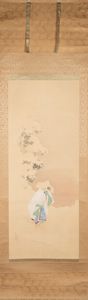 ARTE GIAPPONESE - 'Rotolo verticale raffigurante Bijin sotto la neve Giappone, XIX secolo Inchiostro e colori su seta '