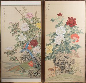 Arte Cinese - 'Coppia di grandi dipinti su seta raffiguranti fiori Cina, XX secolo '