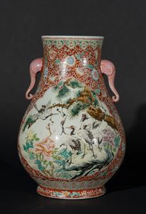 Arte Cinese - 'Vaso in porcellana famiglia rosa con riserve raffiguranti gru Cina, XX secolo '
