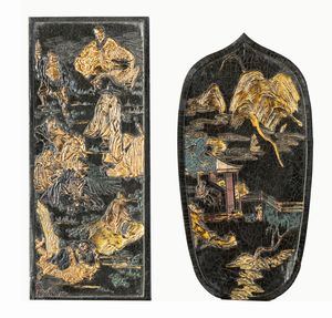 Arte Cinese - 'Due piastre da inchiostro decorate con Luohan e scena lacustreCina, fine XIX secolo '