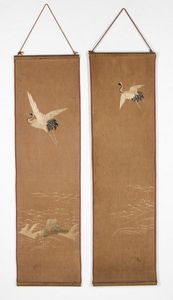 Arte Cinese - 'Due rotoli in cotone ricamati con cicogne Cina, XIX secolo '
