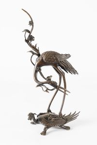 Arte Cinese - 'Fusione in bronzo raffigurante airone su tartaruga Giappone, XIX secolo '