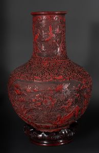 Arte Cinese - 'Grande vaso con corpo globulare in lacca rossa intagliata Cina, XX secolo '