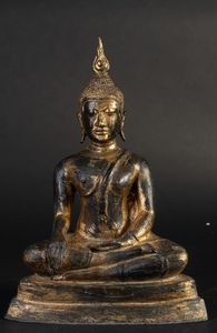 Arte Sud-Est Asiatico - 'Buddha nello stile Sukhotai in bronzo laccato con tracce di doratura Birmania, XIX secolo '