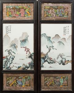 Arte Cinese - 'Coppia di placche in porcellana dipinta con paesaggio ed iscrizioneCina, dinastia Qing, XIX secolo '