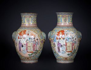 Arte Cinese - 'Coppia di vasi in porcellana su sfondo giallo Cina, XIX-XX secolo '