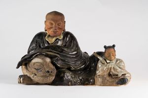 Arte Cinese - 'Grande incensiere in ceramica smaltata raffigurante Pindola (Binzuru) con la tigreGiappone o Corea, XIX secolo '