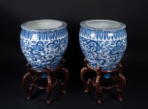 Arte Cinese - 'Coppia di vasche per pesci in porcellana bianco/blu Cina, XX secolo '