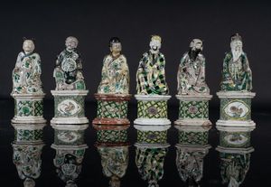 Arte Cinese - 'Gruppo di sei figure in porcellana famiglia verde Cina, periodo Kangxi, XVII-XVIII secolo '