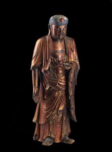 Arte Cinese - 'Scultura in legno laccato raffigurante Buddha stante Cina, dinastia Qing, XIX secolo '