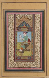Arte Islamica - 'Miniatura con imperatore falconiere India Mogul, XIX secolo e possibile bordatura precedente Pigmenti e oro su carta '