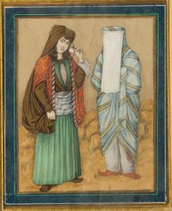 Arte Islamica - 'Miniatura raffigurante due donne  Turchia ottomana, XIX secolo Tempere policrome su carta '
