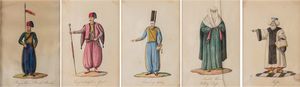Arte Islamica - 'Cinque acquerelli su carta raffiguranti vari personaggiEuropa oTurchia, tardo XIX secolo '