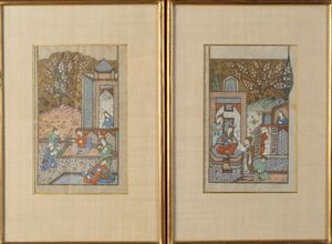 Arte Islamica - 'Coppia di miniature persiane raffiguranti scene di corte Iran, inizio XIX secolo '