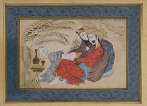 Arte Islamica - 'Miniatura safavide o in stile raffigurante una coppia Iran, XVII o XIX secolo '