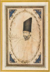 Arte Islamica - 'Disegno raffigurante un uomo firmato Mirza Abu Al Hassan Khan Naghash Bashi e datato 1243 AH (1828 ADInchiostro, oro e pigmenti su carta '