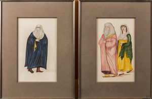 Arte Islamica - 'Coppia di acquerelli raffiguranti dame Turchia, XIX secolo '